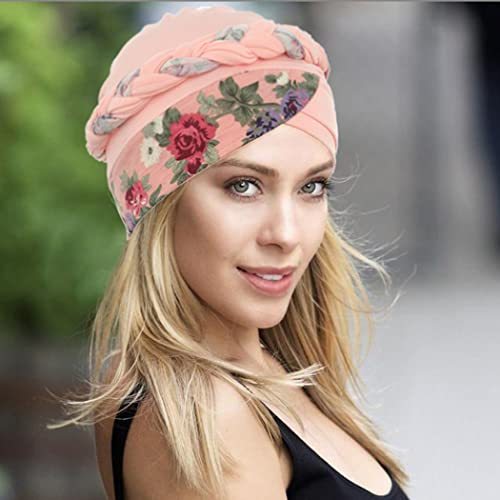Woeoe African Turban Head Wraps Pink Pattern Braid Head Scarf Flower Print Pre-Tied Head Cover Cap Headwear For Women And Girls(Pack Of 2) #TOP2