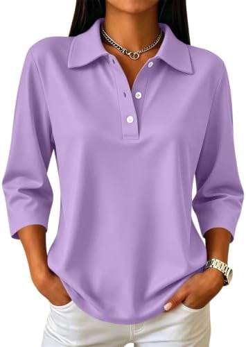 3/4 Sleeve Golf Shirts for Women Button Quick Dry Lightweight Breathable Casual 