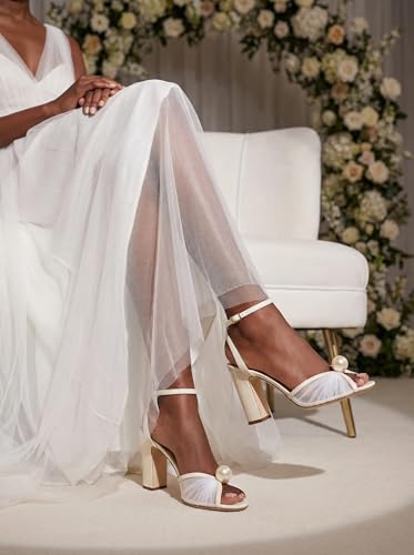 Image of Goolita Pearl Heels For Women Mid Block Ankle Strap Heeled Sandals Round Open Toe Party Evening Bridal Shoes For Wedding