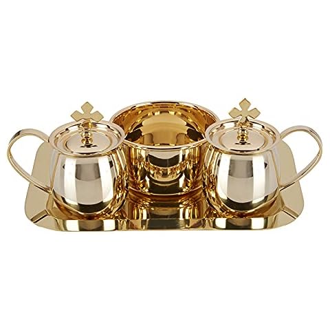 Catholic Sudbury Brass Cruet Set with Tray and Bowl Cover