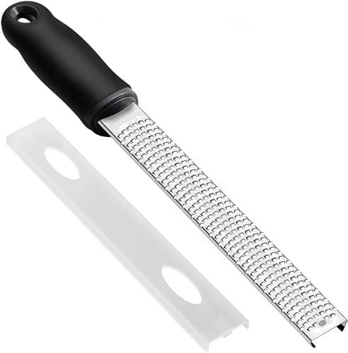 Image of Lemon Zester Grater with Handle, Kitchen Tool for Zesting Citrus Fruits & Finely Grating Parmesan Cheese, Garlic, Ginger, Coconut, Chocolate, Stainless Steel (Black-1)