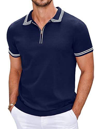 COOFANDY Polo Homme Manches Courtes Stripe Col Polo Couleur Unie Casual Basic Polo Shirt avec Fermeture à Glissière pour Homme Bleu Violet M Cover