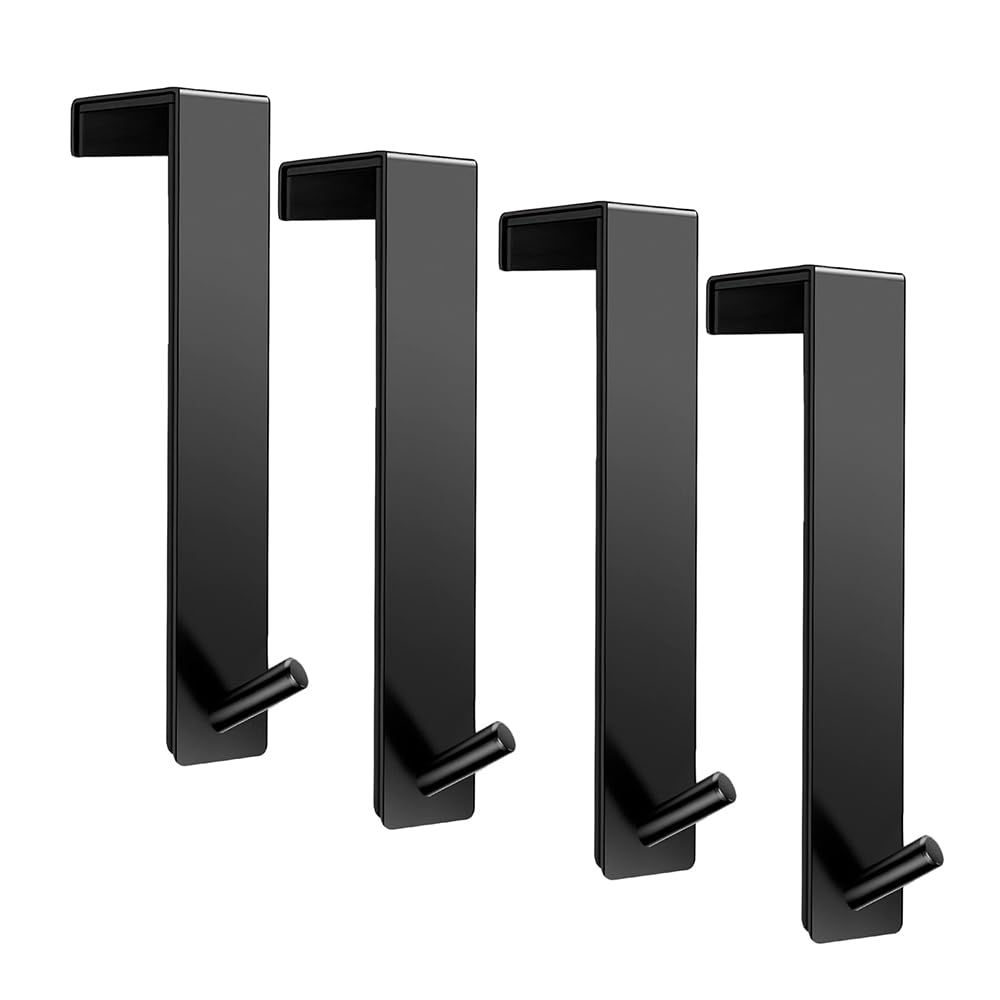 ARTOYS 4 Black No Drill Door Hooks, 304 Stainless Steel, 50 lb, Fits 1.75" Doors, for Home Office Bedroom