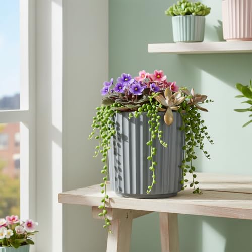 Image of Xtore Sleek Ribbed Ceramic Planter Pot for Indoor Plants | Contemporary Minimal Flower Pot for Home, Office Desk & Balcony Decor (Matte Grey - Planter only)