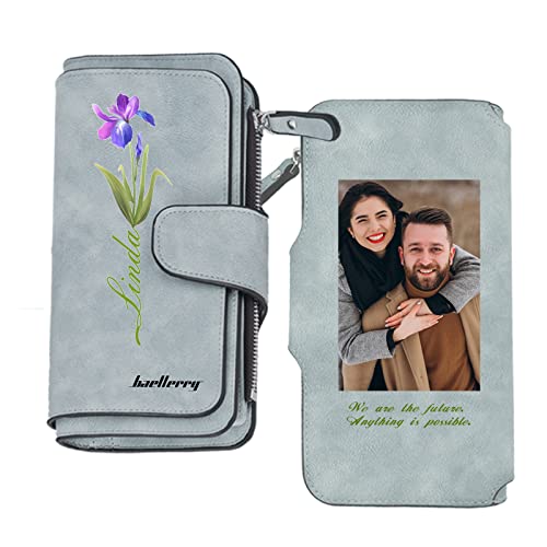 Personalised Photo Wallet with Name and Birth Flower Custom Women Long Leather Wallet Large Capacity Clutch Ladies Purse with Multiple Card Holders Gifts for Her Birthday Mother's Day