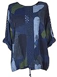  Damen Sommer Tunika Bluse Shirt Häkel Spitze 40 42 44 46 M L XL Lagenlook Abstrakt Print Urlaub Strand zu Leggings Hose Multicolor Blau (46)