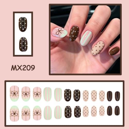 Image of Polka Dot Press on Nails Brown Fake Nails Bow False Nails Short Almond Nail | with Stripe Design Reusable Nude Glossy Full Cover French Tip Stick on Nails Fall Nails Press ons for Women Manicure 24Pcs