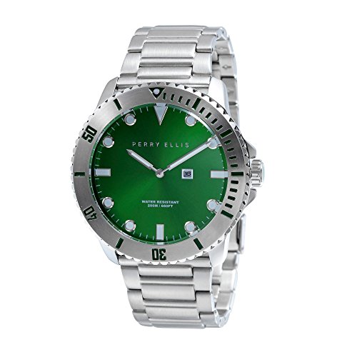 Perry Ellis Men’s Watch Waterproof Deep Diver Watch Quartz Luminous Watch With Date Stainless Steel Band Green Dial 06003-02 #TOP24