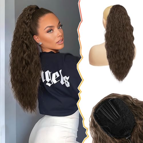 BARSDAR Lunga Coda di Cavallo Extension con Coulisse, 56cm Ondulati Ricci Sintetici Pettine Clip in Coda Cavallo Posticci per Donne Naturale Ponytail Estensione Capelli - Marrone