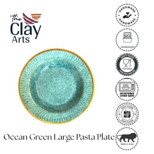 Image of Premium Pasta Plate, Ceramic Plate for Pasta, Large, Round & Deep Dish, Microwave & Dishwasher Safe, Handmade Stoneware, Elegant Tableware for Every Occasion, Ocean Blue, 9.5 Inch