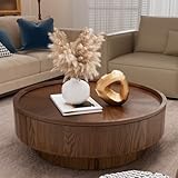 Round Drum Coffee Table with Storage, Modern Wooden Center Table with Solid Wood Veneer, Mid Century Wooden...