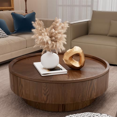Round Drum Coffee Table with Storage, Modern Wooden Center Table with Solid Wood Veneer, Mid Century Wooden Accent Table for Living Room, Apartment & Small Space (Wood, 30.7, Coffee Table)