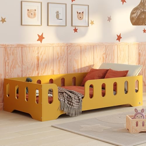 smartwood Letto Montessori 120x200 Letto per Bambini in Legno FSC Colore Giallo TILA 2L con Sponda Anticaduta e Rete a Doghe Fino a 300 kg – Per Bambino e Bambina – Montaggio Facile