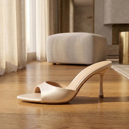 Image of On feet& in love Women's Slip-On Stiletto Heel Mule Sandals, Peep Toe, apricot, 2.95 Inch Heel, Casual Party Wedding Slides