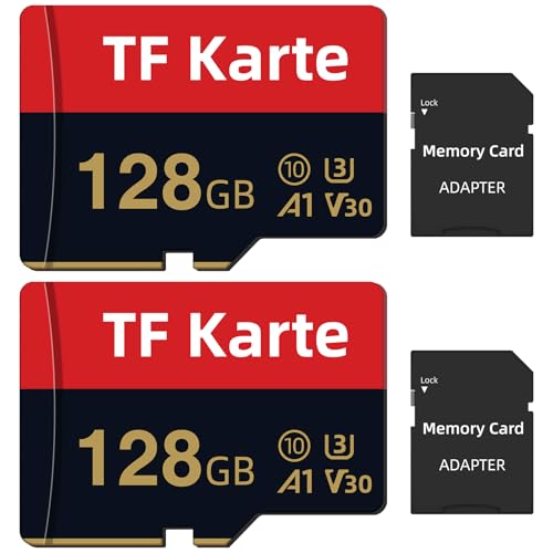 2 Stück Speicherkarte 128GB, Hoher Geschwindigkeit SD-Karte mit Adapter, Wasserdicht TF Karte Speicherkarten für Tablet,Drohnen,Kamera,Smartphone(C10,U1,V10,A1)
