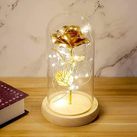 Beauty and the Beast Rose Forever Rose Flower Eternal Roses 24K Gold Silk Rose with String Lights in Glass Dome for Mother's Day Birthday Wedding Anniversary Valentine's Day Cover