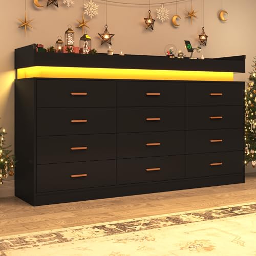 Image of jiteentarou 12 Drawer Dresser with Charging Station and LED Lights, Modern Chest of Drawers with Power Outlet, Organizer Cabinet for Bedroom, Living Room, Entryway, Black
