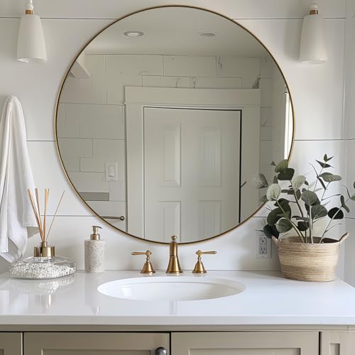 Image of ANDY STAR Gold Round Mirror, Large Brushed Gold Round Bathroom Mirror, Brass Circle Mirror 32 inch, Modern Vanity Mirror in Stainless Steel Metal Frame for Home Decor, Entryway, Living Room
