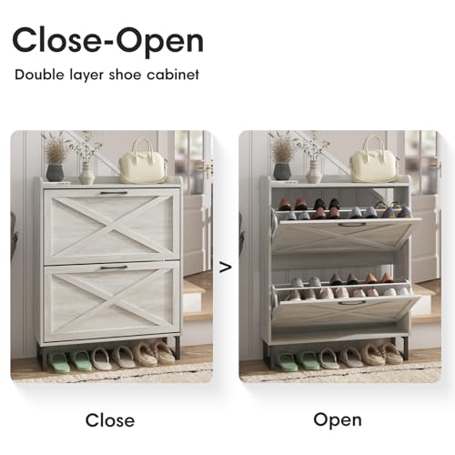 Maupvit Shoe Storage Cabinet with 2 Flip Drawers, Freestanding Organizer with Metal Legs for Entryway, Narrow Shoe Rack Cabinet, Beige