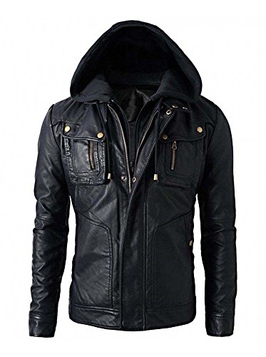 Blouson en cuir pour homme avec capuche, coupe ajustée, style motard, Noir , L