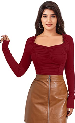 Image of LONDON BELLY Women's Polyester Top with Sweet Heart Neck Full Sleeves Solid Pattern Regular Fit and Waist Length | Trendy Crop Tops Womans | Lightweight Summer Wear Top