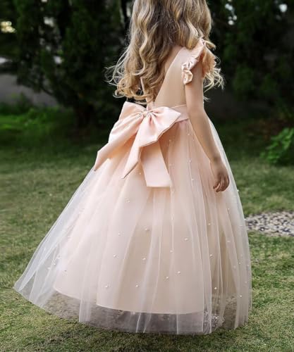 Flower Girl Dress Satin Pageant Dresses for Girls V Back Wedding Party Formal Ball Gowns with Bow-Knot3