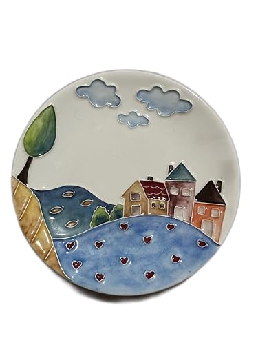 Anka Handcrafts - Ceramic Home Decors – County - Handmade & Handpainted Ceramic Plates with Unique Embossed Surface – w Navy Int. Velvet Case – The Landscape Plate Set for Joyful Homes 785
