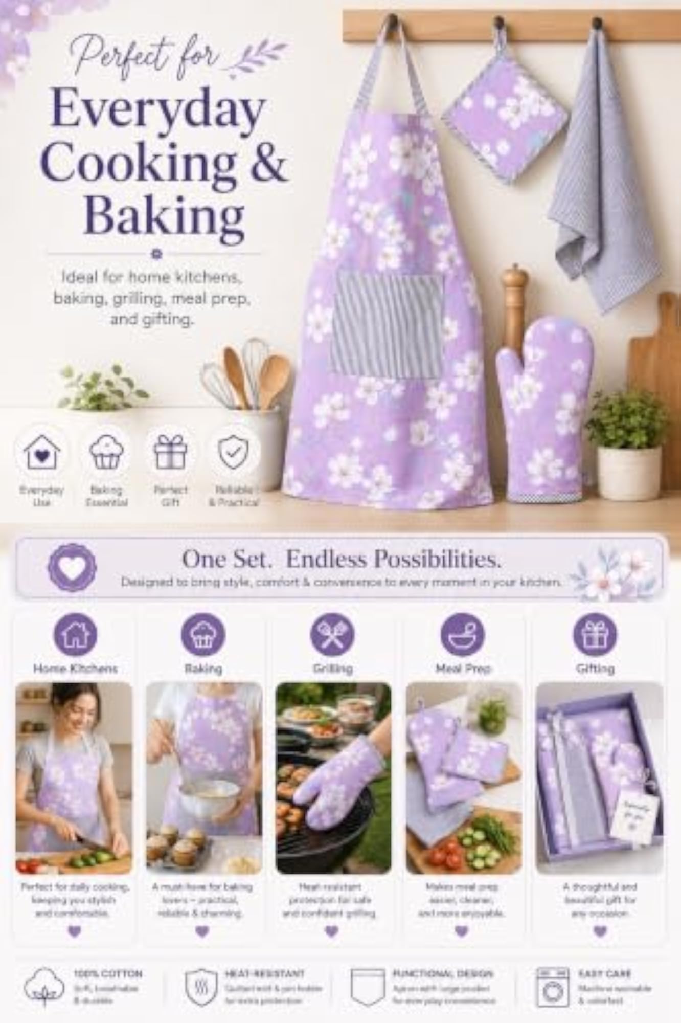 Cotton Kitchen Apron with Pocket, Oven Mitt & Pot Holder Gift Set