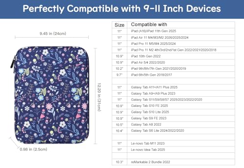 Image of Dadanism 9-11 inch Tablet Sleeve Bag Carrying Case for iPad (A16) 11th Gen 11 inch, iPad 10th Gen 10.9 inch Air 5 /4, iPad Air M4 /Pro 11 inch, iPad 9 /8 /7th, Galaxy Tab A11+ Plus 11 inch, Remarkable 2 10.3 inch, Flower+Blue