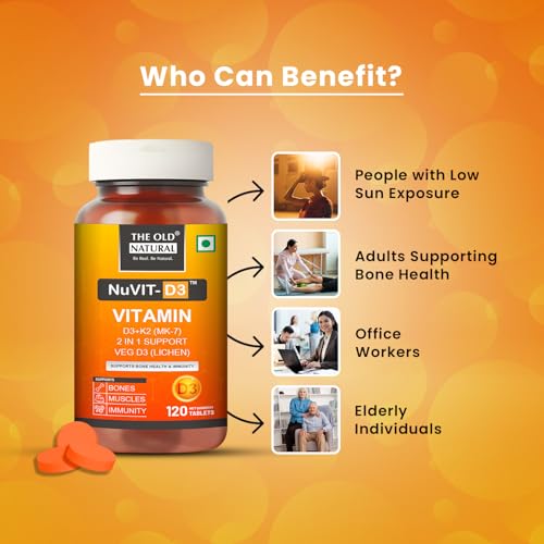 Image of Nuvit-D3, Vitamin D3 K2 MK7 Tablets, Vitamin D3 (Lichen) + K2 for Bone Strength & Calcium Absorption, Heart & Immunity Support, High Absorption Formula (120 Tablets)