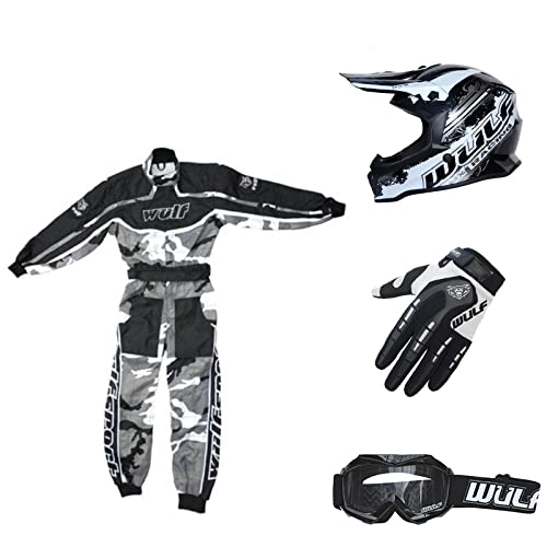 Wulfsport Kids Off Road Pro Motocross Helmet Black L (51-52cm) & Wulf Attack Gloves XS (7cm) + Cub Goggles + Kids CAMO Suit XL (11-12Yrs)