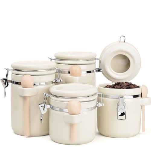 4-Piece Airtight Ceramic Canisters Set with Wooden Spoons & Chalk Labels – Perfect for Coffee, Sugar, Flour, Tea (Cream) – Stylish & Leakproof Kitchen Storage