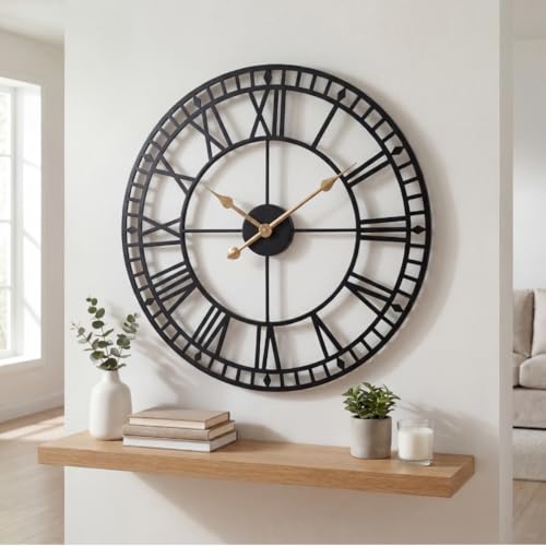 Heaven4you Large Premium Roman Numeral Wall Clock Open Face Decorative Metal Clock for Living Room, Kitchen, Bedrom – Silent – Ready to Hang with Hook & Instructions for Hands 60cm/23.6inch (Black)
