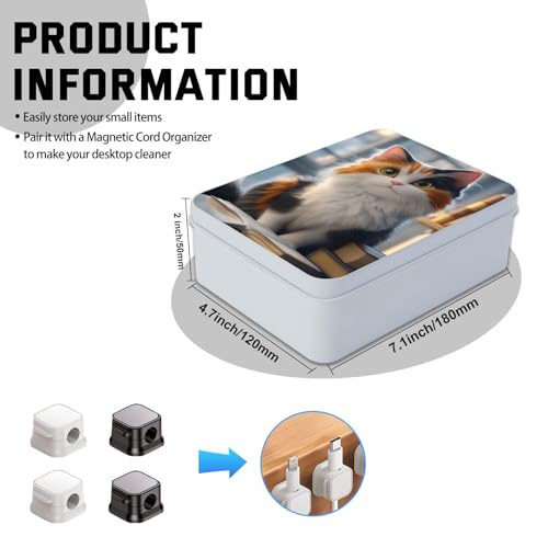 Image of Metal Tin Box with Lid,Multi-functional Storage Large Box Can Store Tea Biscuits Game Cards, Playing & Tarot Cards-Comes with 4 Magnetic Cord Clips,Calico Cat with Books