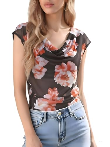 GERT COREL Women's Cowl Neck Sleeveless Top 2026 Sleeveless Ruched Floral Printed Shirts Summer Tank Tops Brown - image 4