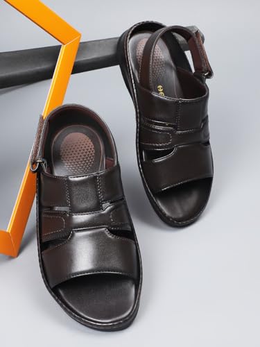 Image of Liberty Healers STARC-1E Men Casual Sandals, Brown & Tan - Formal, Leather Look Sandals for Men with Buckle Strap - Stylish Sandal for Man - Mid Heel Lightweight, Comfortable Footwear