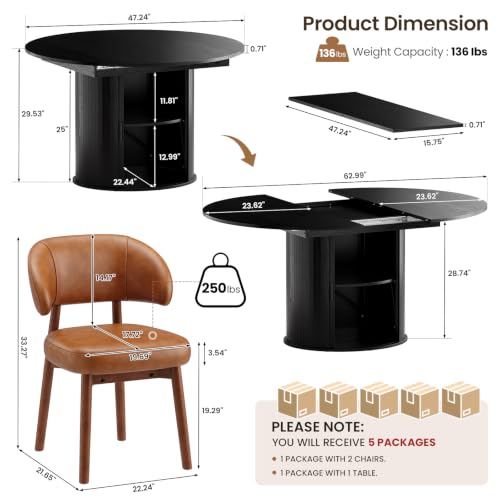 Image of MALOL 47 inch-63 inch Extendable Round to Oval Dining Room Table Chairs Set for 4-8, Modern Wooden Kitchen Table and Chairs with Hidden Storage and Fluted Design for Dining Room /Small Space(Black and Brown)