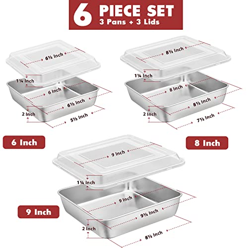 E-Far 6/8/9-Inch Square Cake Pan With Lid Set, Square Baking Brownie Pans Stainless Steel Bakeware Set Of 3, Non-Toxic & Healthy, Easy Clean & Dishwasher Safe - 6 Pieces(3 Pans + 3 Covers) #TOP1