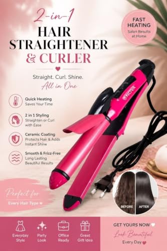 Image of nuovva 2-in-1 Mini Hair Straightener & Curler for Women | Ceramic Coated Plates, 30s Fast Heating Hair Styler (Pink) | Anti-Frizz Ionic Technology with 360 Swivel Cord & Travel Lock