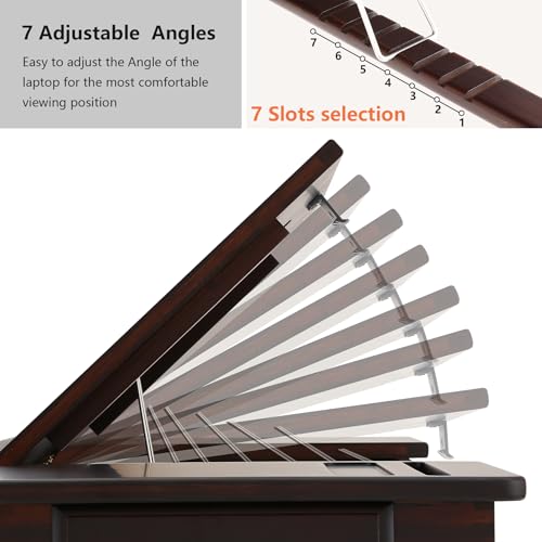 nnewvante laptop bed desk bamboo lap table with tablet slot height amp angle adjustable computer lap desk with drawer breakfast serving tray for bed floor black walnut