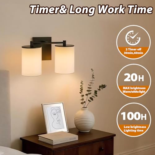Image of Battery Operated Double Wall Sconce,Rechargeable Battery Powered Vanity Lights,Cordless No Wiring Dimmable Double Sconce with Remote Control for Bedroom Living Room