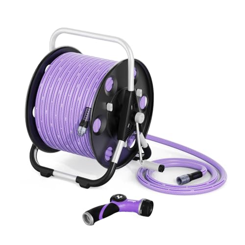 YUNIGO FREEDOM Portable and Wall-Mountable Garden Hose Reel equipped with 5/8' 100ft, Kink-Free Hybrid Hose, Lightweight, Easy Setup. Spray Nozzle and Leader Hose Included