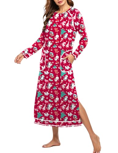 Ekouaer Womens Nightshirt Long Sleeve Nightgown Round Neck Sleepwear Full Length Pajama Dress with Pockets Loungewear Christmas Penguin 2XL