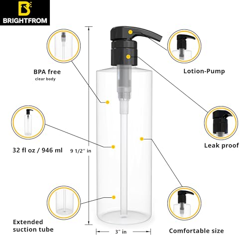 BRIGHTFROM Empty Shampoo Pump Bottles, 32 OZ / 1 Liter, BPA-Free Cylinder Containers, Household & Commercial Use, Black Pump, 2 Pack - Leak Proof2