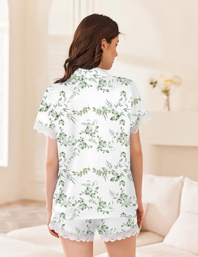 Image of Ekouaer Womens Lace Satin Pajama Set Button Down Pj Shorts Set Bridesmaids Getting Ready Outfits Casual Sleepwear XS-XXL
