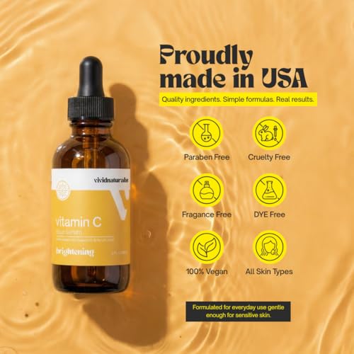Vivid Naturals Vitamin C Serum For Face With Hyaluronic and Ferulic Acid 60ml Made In USA - Lightweight Non-Sticky Vit C Serum Face for Hydrating Brighter Smooth Fresh Skin Glow Fast Absorbing