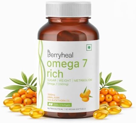 Omega 7 Rich Capsules | Regulates Blood Sugar, Supports Weight Management & Aids Respiratory Health | 100% Vegan Seabuckthorn with Highest 35% Concentrated Omega 7 | 30 Capsules โ 15 Days