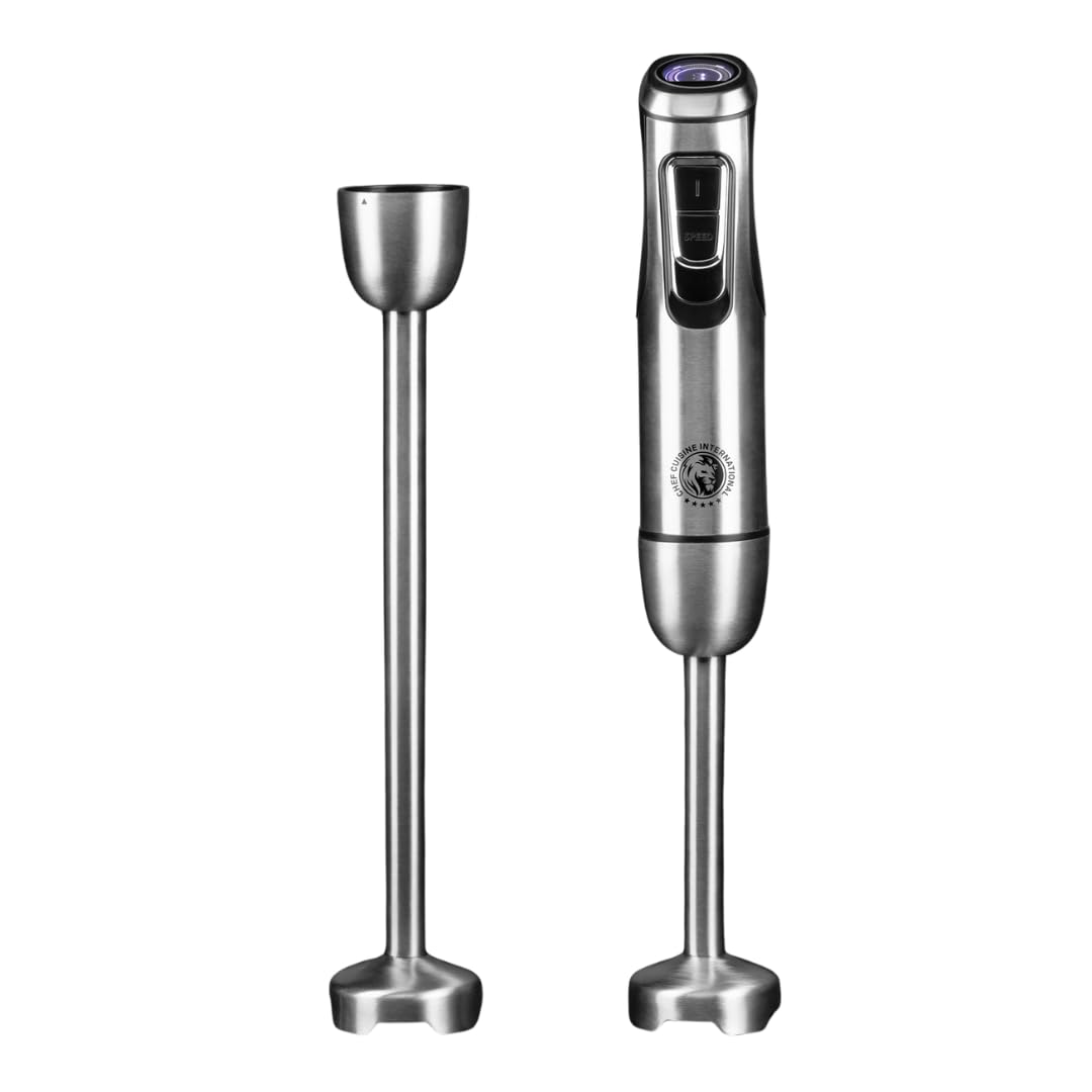 CHEF CUISINE Akku-Stabmixer, Edelstahl, 180W, 23.000 U/min, 9 Geschwindigkeitsstufen, 2x Pürierstäbe 20/30 cm, 600ml BPA-freier Mixbehälter, 2x 2600mAh Akku