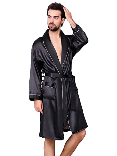 WDIRARA Men's Summer Luxurious Soft Satin Robe Contrast Binding V Neck Nightgown Long Sleeve Kimono Belted Pajamas Bathrobes
