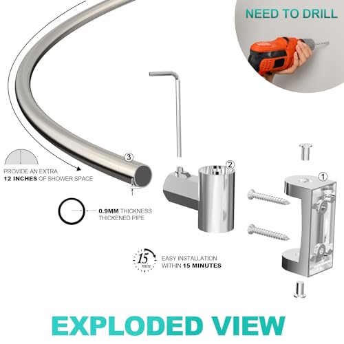 Prettyhome Adjustable Arched Curved Shower Curtain Rod Rustproof Expandable Aluminum Metal Shower Rod 38-72 Inches Telescoping Design Exquisite Customizable For Bathroom,Need To Drill,Brushed Nickel thumb #4